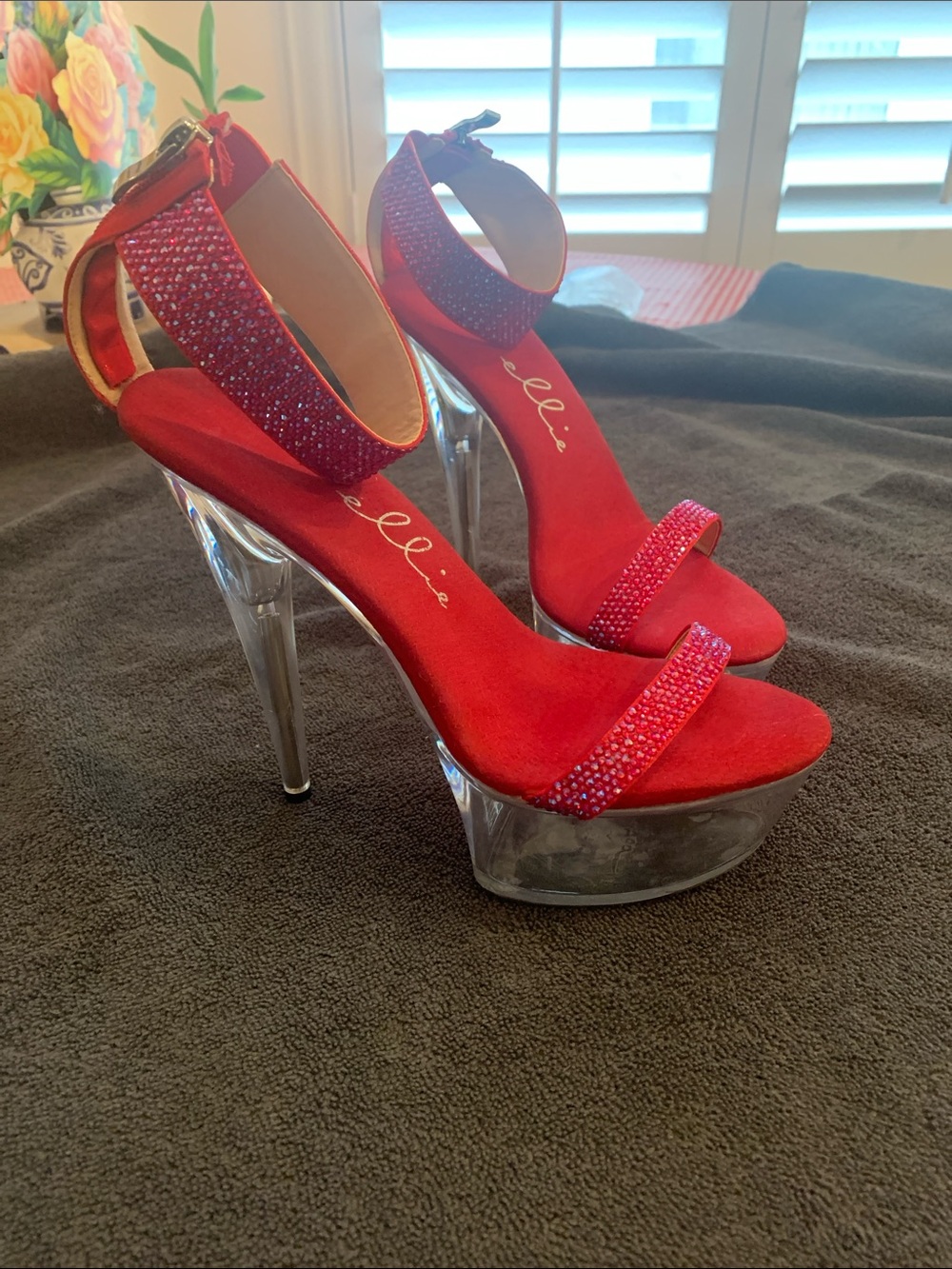 Ellie Red Crystal Strap Clear Platform Stilettos